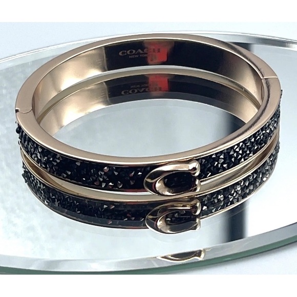 NIB COACH Logo Hinged Bangle Bracelet Rose Gold Tone Black Sprinkle Stone Druzy - Picture 4 of 12